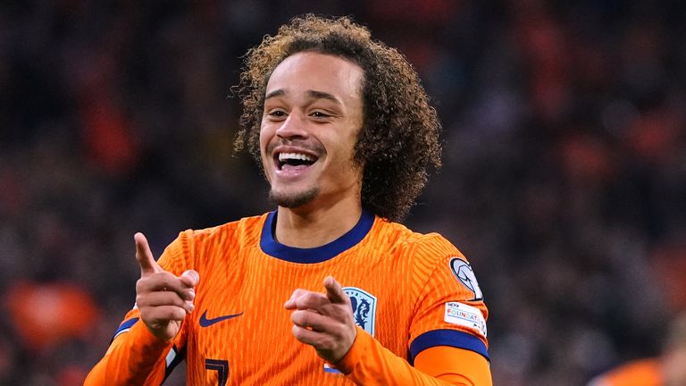 Netherlands' Xavi Simons celebrates scoring during a World Cup 2026 group G qualifying soccer match between Netherlands and Lithuania in Amsterdam, Netherlands, Monday, Nov. 17, 2025. (AP Photo/Peter Dejong)