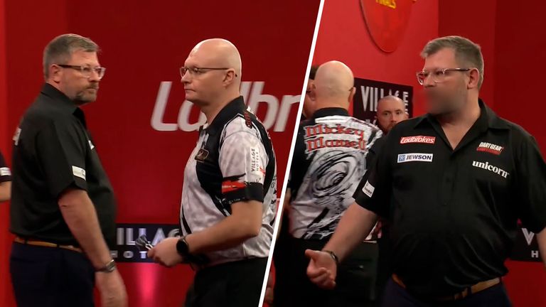 James Wade appeared to be left riled up after sharing an awkward handshake with Mickey Mansell as he beat him at the Players Championship in Minehead. Credit: ITV Sport 
