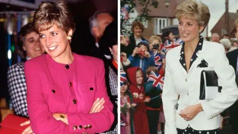 Getty Images A composite showing two pictures of Diana, Princess of Wales. In both images she is wearing a suit by Paul Costelloe. The suit on the left is bright pink with gold buttons, while the one on the left is a white jacket over a black shirt with white polka dots. 

