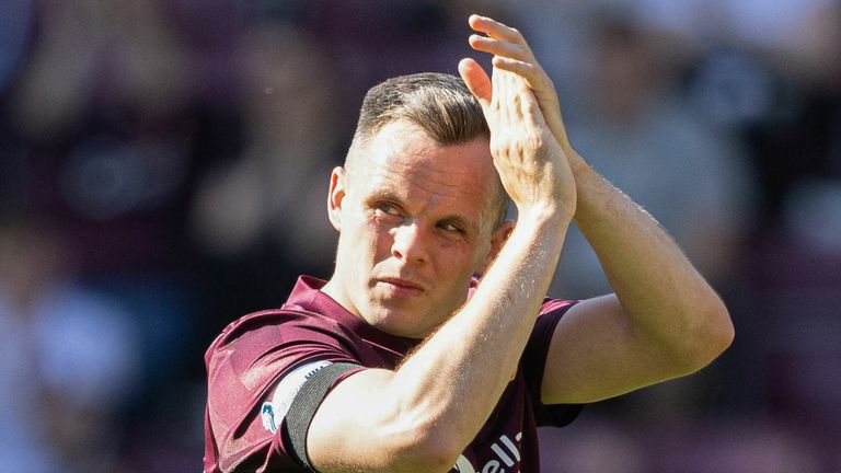 EDINBURGH, SCOTLAND - MAY 10: Hearts' Lawrence Shankland during a William Hill Premiership match between Heart of Midlothian and Motherwell at Tynecastle Park, on May 10, 2025, in Edinburgh, Scotland. (Photo by Mark Scates / SNS Group)