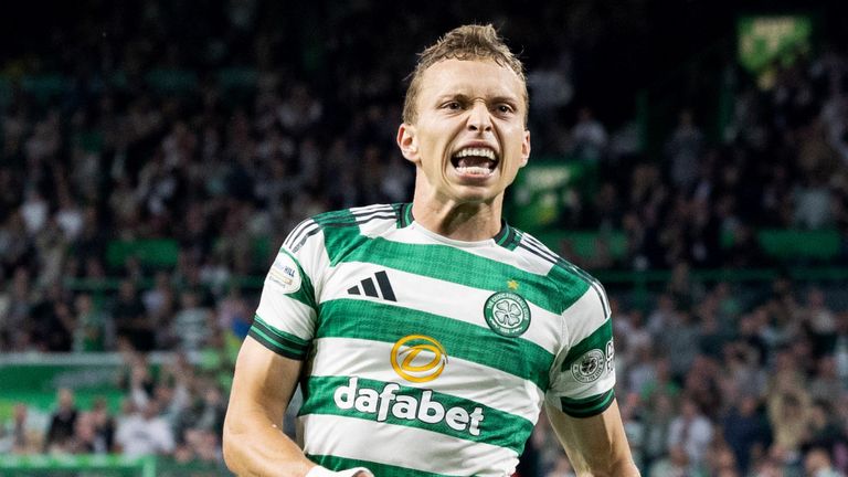 GLASGOW, SCOTLAND - AUGUST 15: Celtic...s Alistair Johnston celebrates after scoring to make it 2-0 during a Premier Sports Cup Second Round match between Celtic and Falkirk at Celtic Park, on August 15, 2025, in Glasgow, Scotland.  (Photo by Ross Parker / SNS Group)