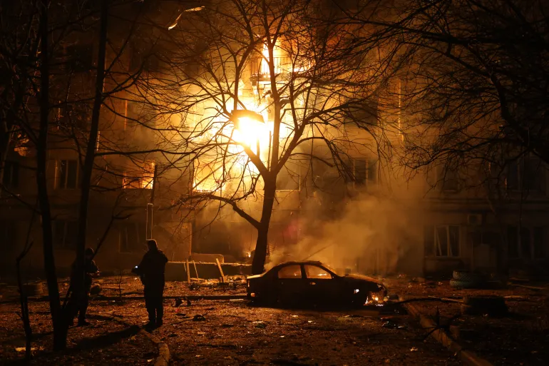 A residential building burns after a Russian attack on Zaporizhzhia, Ukraine, Wednesday, Nov. 26, 2025. (AP Photo/Kateryna Klochko)