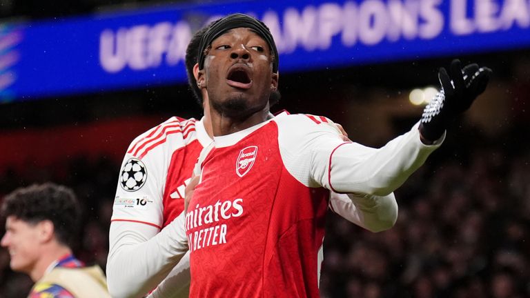 Noni Madueke celebrates his first Arsenal goal 