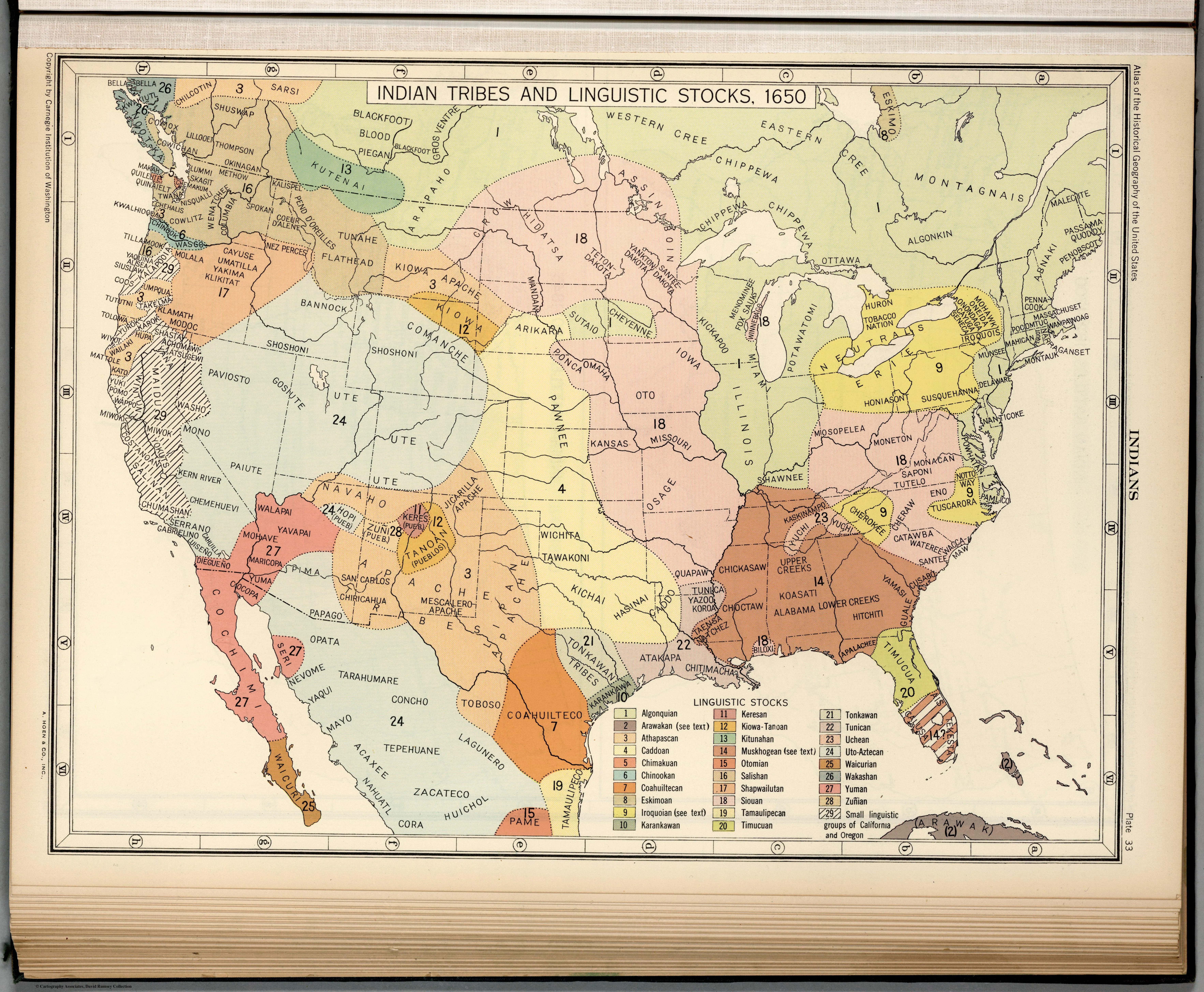 "Indian Tribes and Linguistic Stocks, 1650," is attributed to authors Charles O. Paullin and John K. Wright. It was published in 1650 by the Carnegie Institution of Washington and the American Geographical Society of New York.