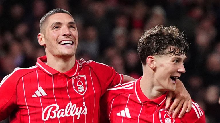 Nottingham Forest's Nikola Milenkovic (left) celebrates scoring their side's third goal of the game with team-mate Ryan Yates 