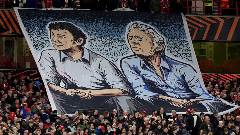 A banner of former Nottingham Forest manager Brian Clough (left) with assistant Peter Taylor before the UEFA Europa League,