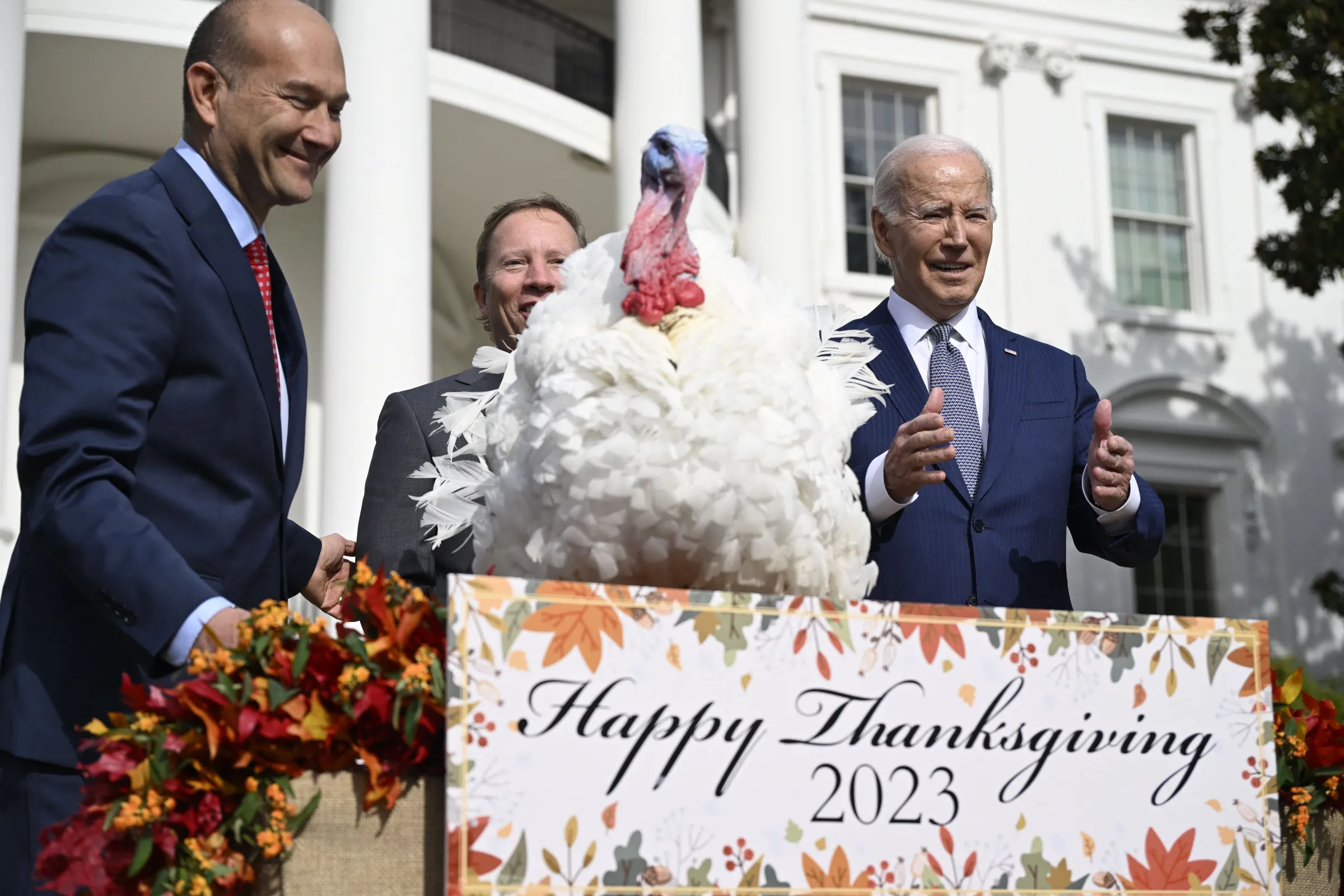 US President Joe Biden at the annual Thanksgiving turkey pardon, standing beside Steve Lykken, president of Jennie-O.