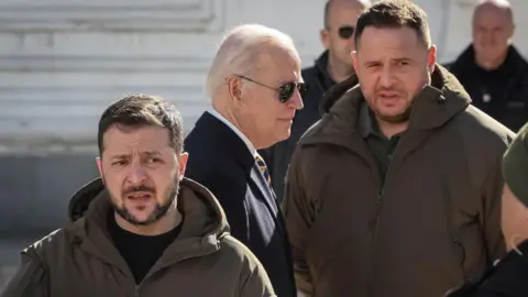 Reuters  U.S. President Joe Biden, Ukraine's President Volodymyr Zelenskiy and Head of Ukraine's Presidential Office Andriy Yermak meet, amid Russia's attack on Ukraine, in Kyiv, Ukraine February 20, 2023. REUTERS/Gleb Garanich/File Photo