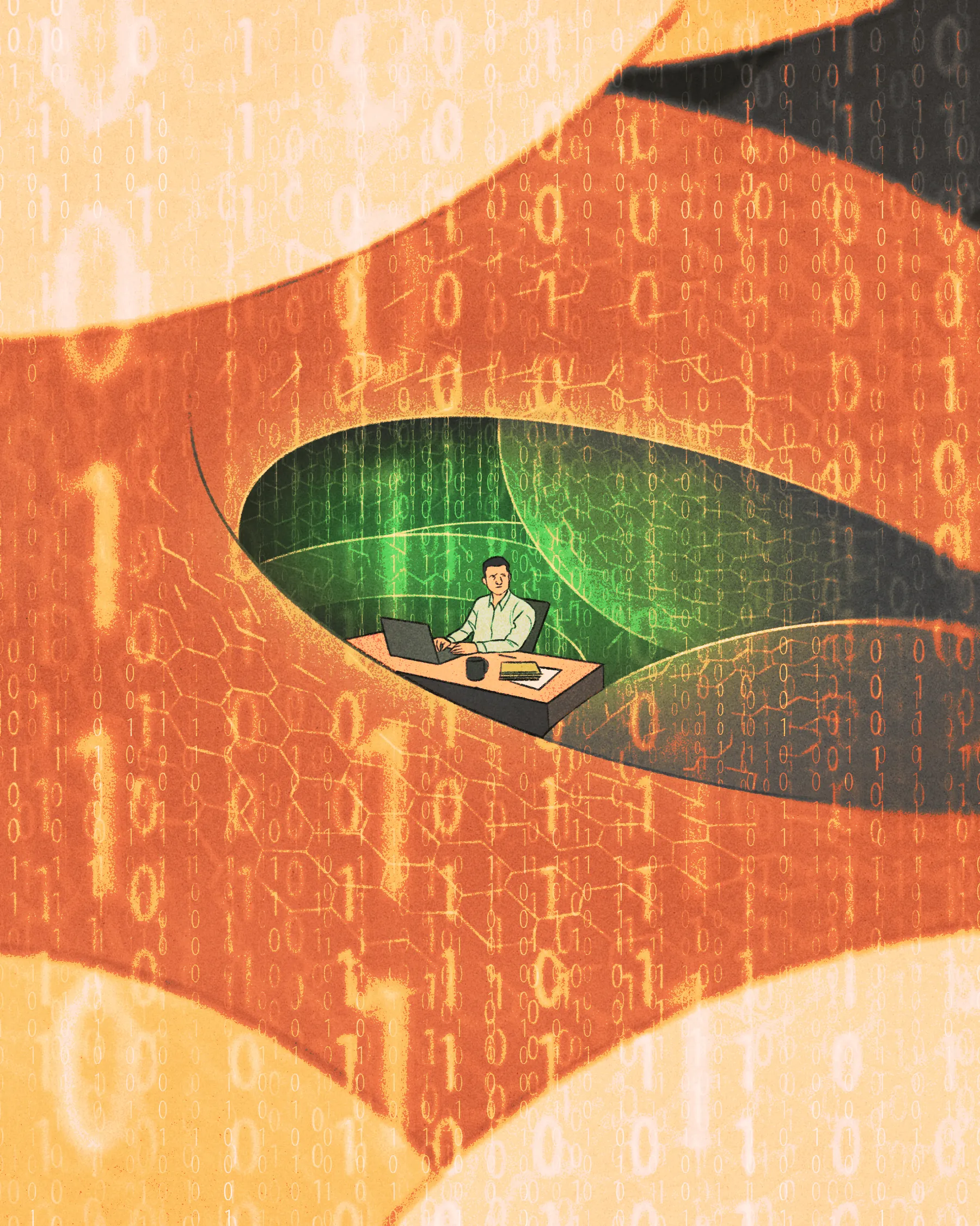 an illustration of a man working at an office desk, surrounded by a giant snake closing in around him. Binary code fills the snakes body