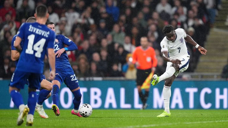 England's Bukayo Saka celebrates after scoring vs Serbia