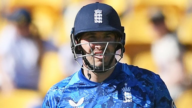 Jamie Overton of England reacts on reaching 50 runs during the One Day International cricket match between New Zealand and England