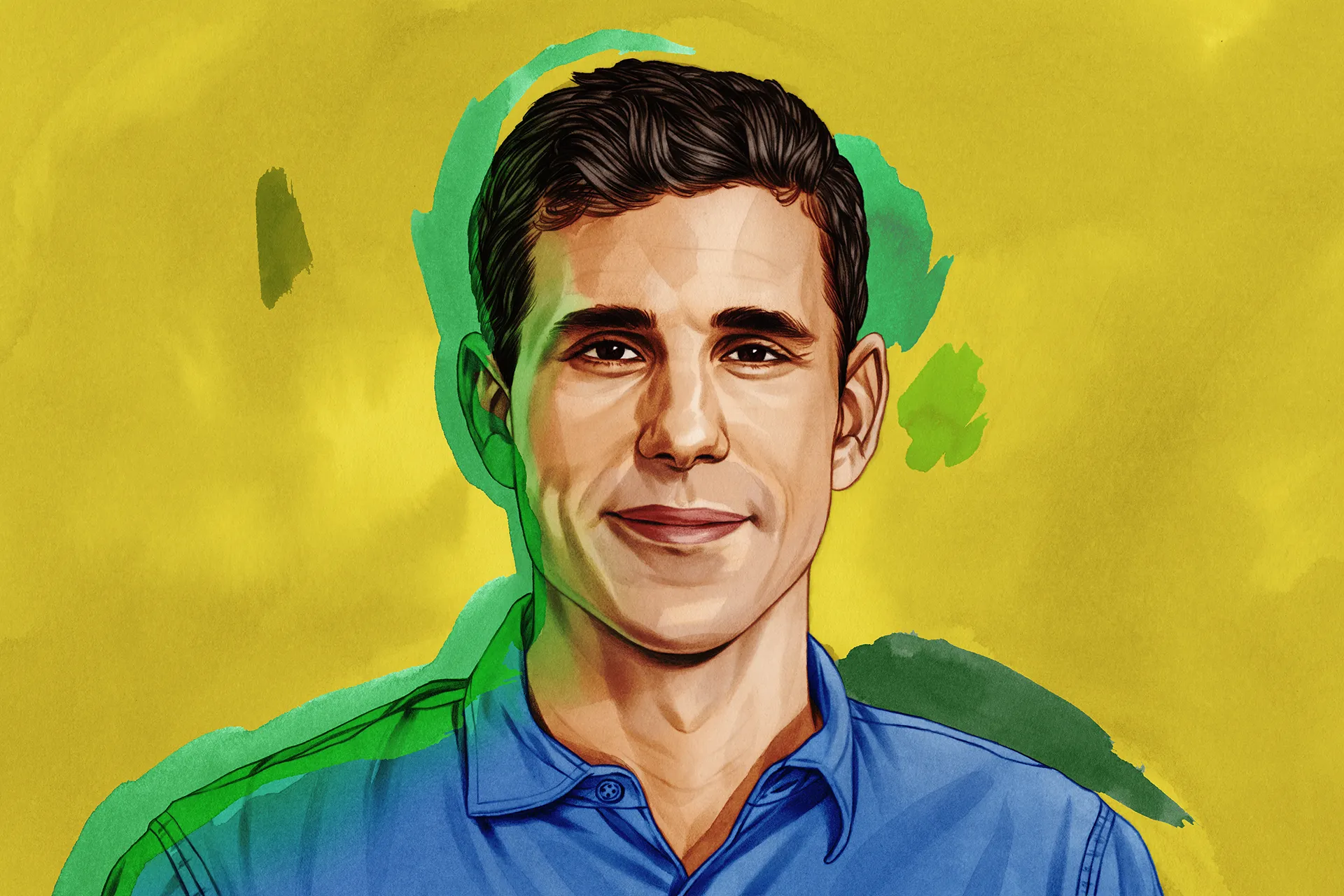 an illustrated portrait of a man wearing a blue collared shirt with a painterly yellow and green background