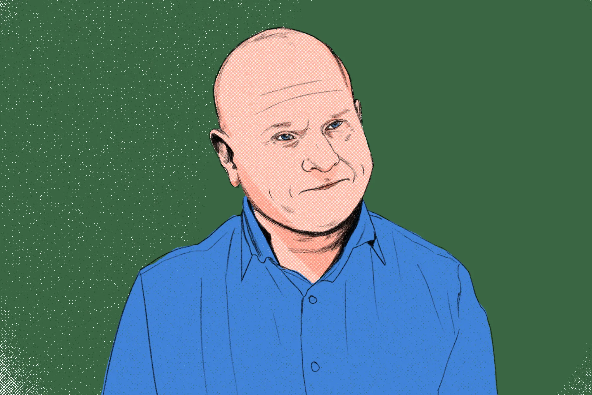 an illustrated portrait of a man wearing a blue shirt with a green background