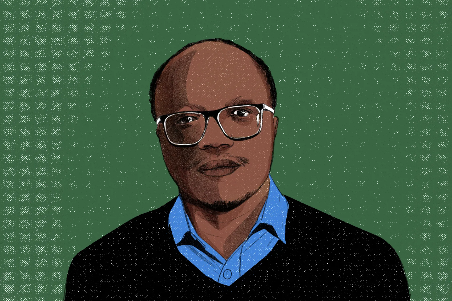 an illustrated portrait of a man with glasses wearing a blue shirt and black sweater with a green background