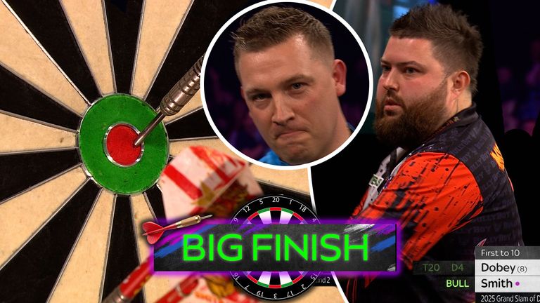 Michael Smith levels things in his Grand Slam of Darts tie against Chris Dobey with a touch-of-class 164 finish. 