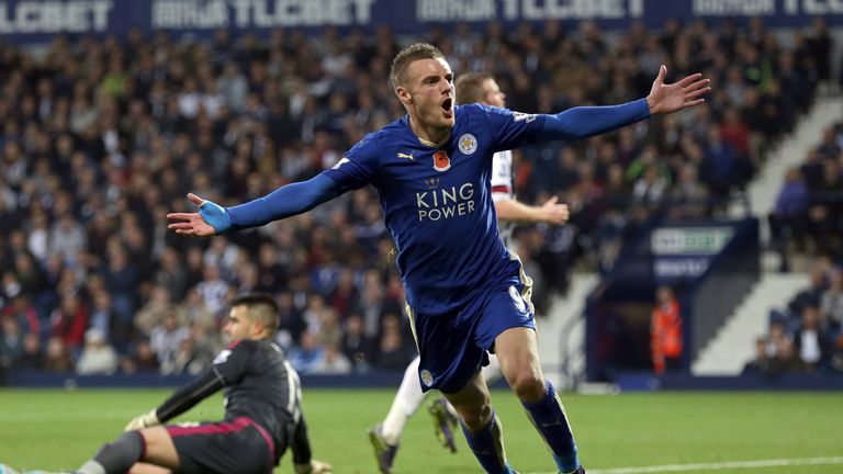 WEST BROMWICH, ENGLAND - OCTOBER 31:  Jamie Vardy of Leicester City celebrates