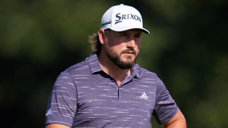 Andrew Novak waits to putt on the nineth green during the second round of the RSM Classic golf tournament, Friday, Nov. 21, 2025, in St. Simons Island, Ga. (AP Photo/Mike Stewart)