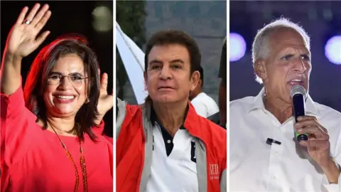 Getty Images From left to right: Libre party candidate Rixi Moncada, centrist Liberal Party runner Salvador Nasralla, and National Party nominee Nasry 'Tito' Asfura