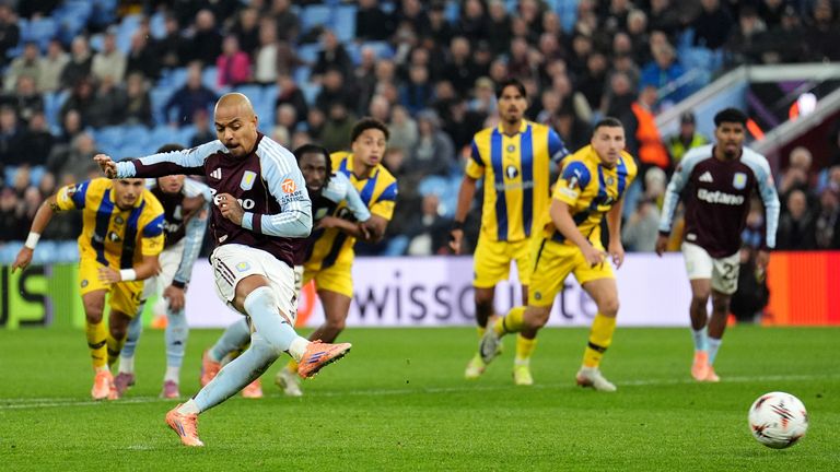 Donyell Malen converts a penalty for Aston Villa against Maccabi Tel Aviv