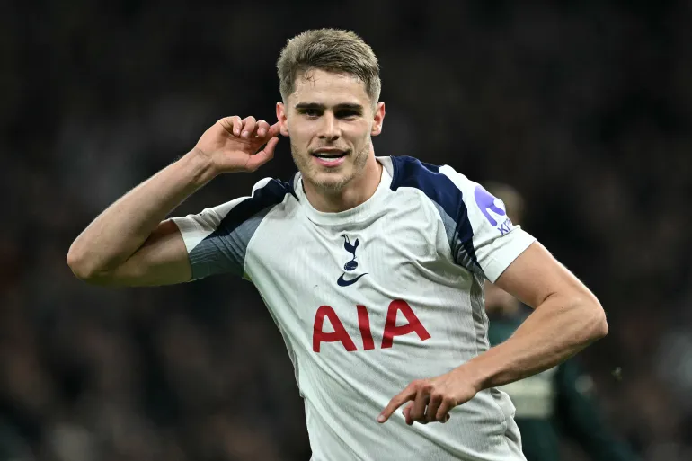 Tottenham Hotspur's Dutch defender #37 Micky van de Ven celebrates after scoring their third goal during the UEFA Champions League, league phase football match between Tottenham Hotspur and FC Copenhagen at the Tottenham Hotspur Stadium in London, on November 4, 2025.