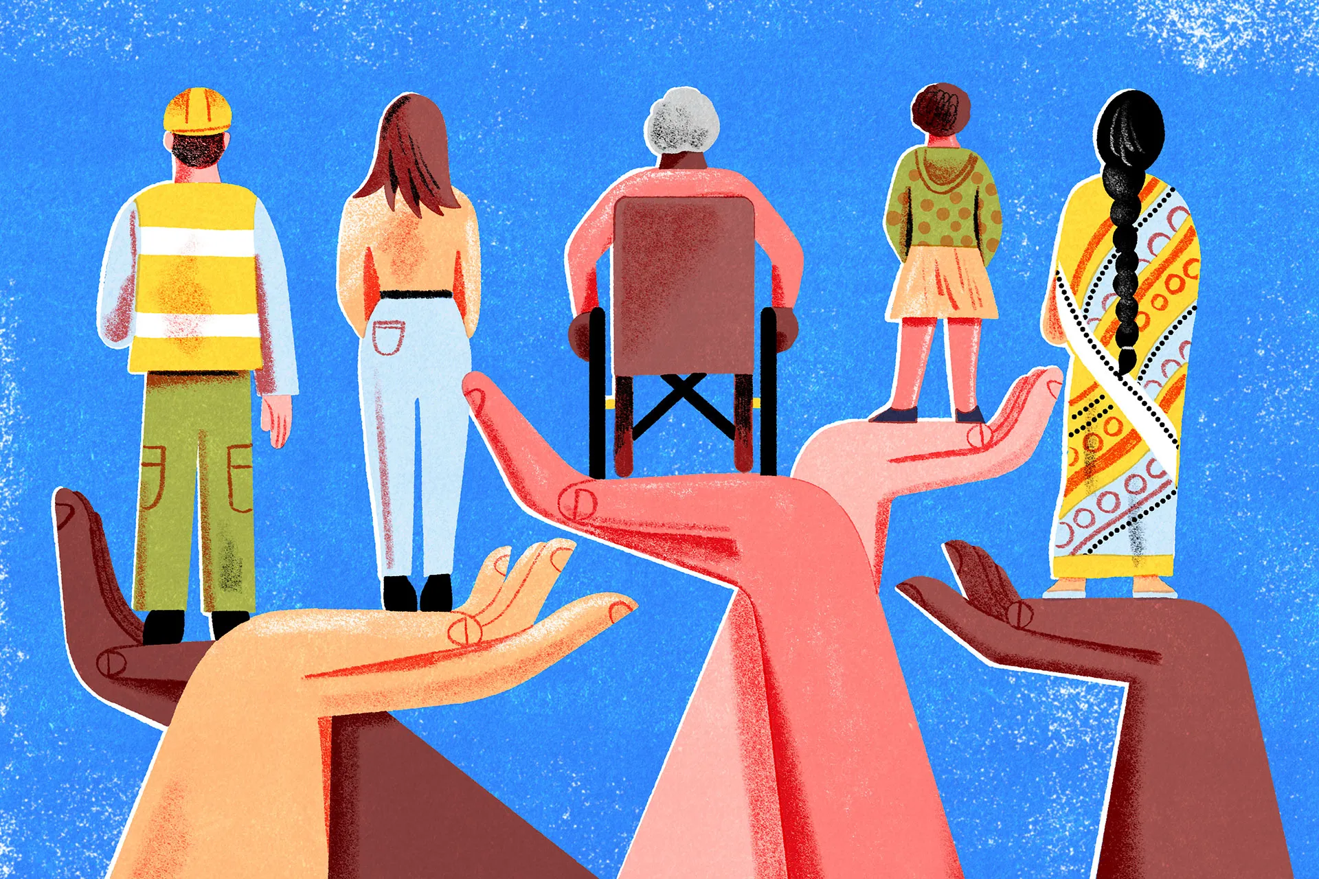 An illustration of several oversized hands lifting up people of different heights and ages so that their heads are all at the same level