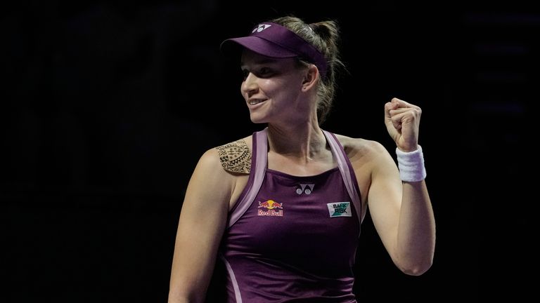 Elena Rybakina of Kazakhstan celebrates after defeating Aryna Sabalenka of Belarus in the WTA finals (AP Photo/ Fatima Shbair)