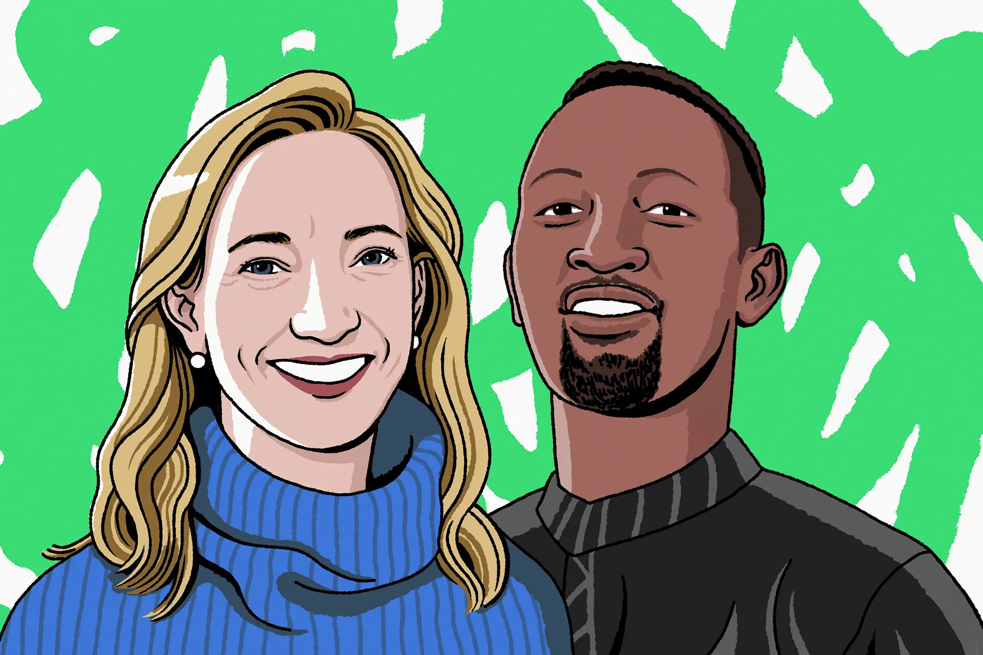 an illustrated portrait of a man in a black coverless shirt and woman wearing a blue turtleneck with a textured lime green background