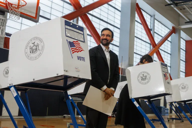 New York mayoral candidate Zohran Mamdani votes at a voting site on Tuesday, Nov. 4, 2025, in New York. (AP Photo/Olga Fedorova)