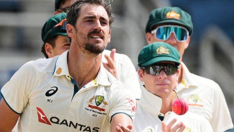 Australia's Mitchell Starc celebrates after dismissing West Indies' Mikyle Louis to claim his 400th wicket in Test cricket