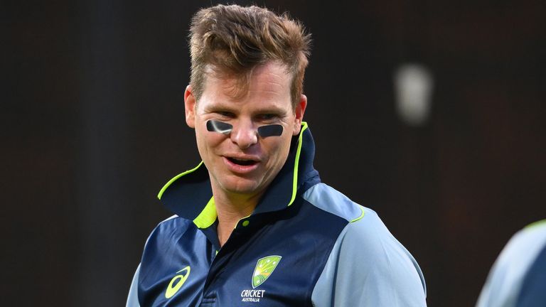 Australia's Steve Smith wears 'eye blacks' in training ahead of the pink-ball Ashes Test in Brisbane (Getty Images)
