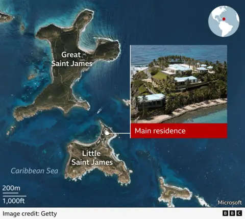 A map of the Caribbean Sea showing Little St James and Great St James Islands