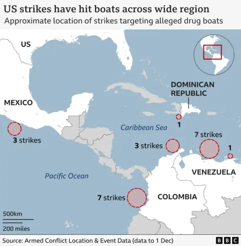 Map showing the approximate locations of US strikes on alleged drug boats across the Caribbean Sea and Pacific Ocean. Red circles mark strike clusters: three strikes off Mexico in the Pacific, seven strikes off the west coast of Colombia, two strikes near Central America in the Caribbean Sea, four strikes off the north coast of Venezuela and five strikes in the central Caribbean south of the Dominican Republic and Puerto Rico. Source: Acled (most recent strike shown is 15 Nov)
