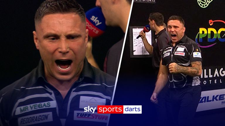 Gerwyn Price let out a double roar as he hit a 95 finish to go one leg away from sealing the match against Martin Schindler. 