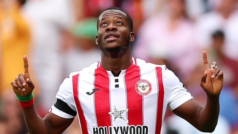 Dango Ouattara celebrates after giving Brentford a first-half lead against Aston Villa