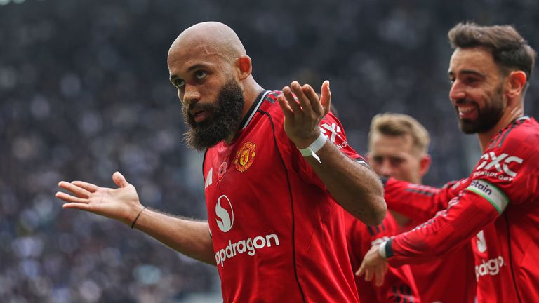Manchester United's Bryan Mbeumo celebrates after scoring his side's opening goal (AP Photo/Ian Walton)