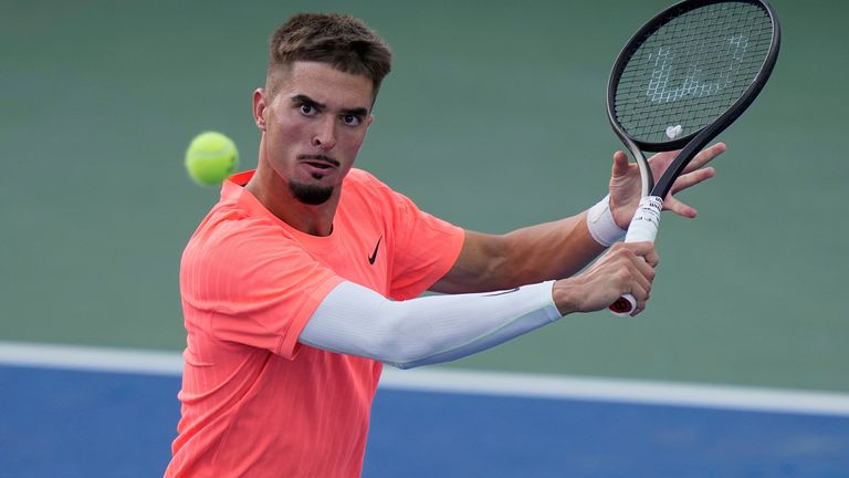 Dino Prizmic, of Croatia, returns a shot to Andrey Rublev, of Russia, during the first round of the U.S. Open tennis championships, Monday, Aug. 25, 2025, in New York. (AP Photo/Frank Franklin II)