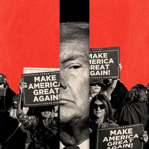 BBC A treated image showing a slice of Trump's face in the middle, surrounded by  crowds holding Maga signs on either side 