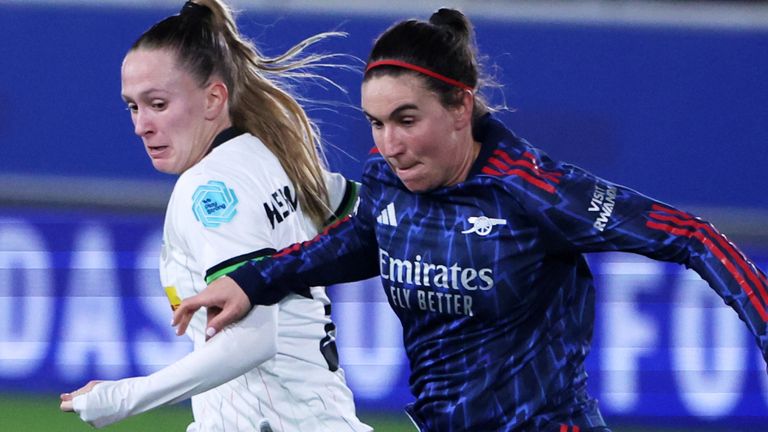 Arsenal's Mariona Caldentey vies for the ball with Leuven's Flo Hermans during the Women's Champions League match 