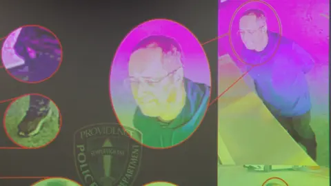 Reuters Green and purple images of the shooter at Brown University, identified by authorities as Claudio Neves Valente, are displayed during a press conference in Providence, Rhode Island.