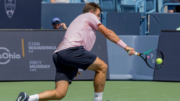 August 15, 2022, Mason, Ohio, USA: Stan Wawrinka (SUI) hits a backhand shot during Monday's first round of the Western and Southern Open at 