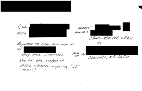 US Department of Justice A handwritten note shows partial pieces of information