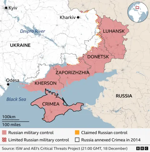 Map showing which areas of east of Ukraine are under Russian military control or limited Russian control highlighting the regions of Luhansk, Donetsk, Zaporizhzhia, Kherson and Crimea
