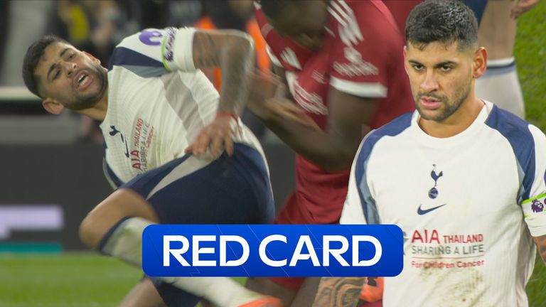 Romero kicks out at Konate while they were on the ground and is shown a red card - with Spurs going down to 9 men against Liverpool