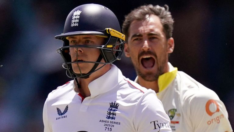 Mitchell Starc celebrates taking Jamie Smith's wicket in third Test