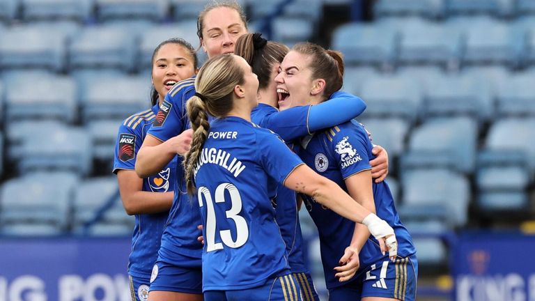 Shannon O'Brien celebrates after scoring for Leicester against London City Lionesses