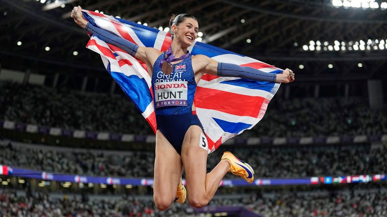Britain's Amy Hunt celebrates after she won the silver medal in the women's 200 metres