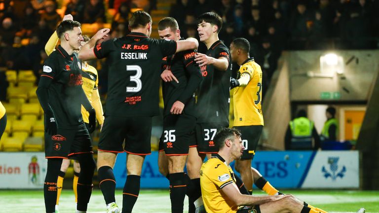The Dundee United team celebrate after Ryan McGowan's own goal 