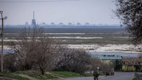 Washington Post via Getty Images A man wheels a barrow towards a dumpster on a road that is overlooked by the Zaporizhzhia Nuclear Power Plant on the Russian controlled southern bank side of the Dnipro river
