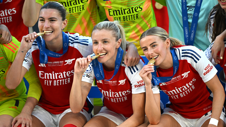 Steph Cately, Leah Williamson and Chloe Kelly celebrate Arsenal's Women's Champions League victory