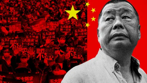 BBC A composite image: A close-up of Jimmy Lai on the right, and the pro-democracy protesters of the 2019 Hong Kong protests. The Chinese flag is overlaid in the background. 